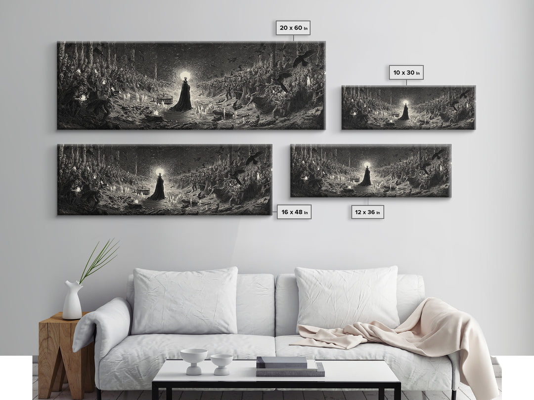 The Raven Funeral, Dark Romantic Horror Art, Extra Wide Wall Art, Gothic Horror Wall Art, Canvas Print, Halloween Wall Art