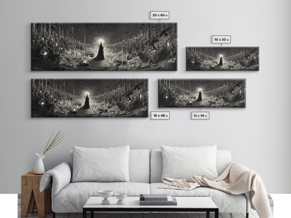 The Raven Funeral, Dark Romantic Horror Art, Extra Wide Wall Art, Gothic Horror Wall Art, Canvas Print, Halloween Wall Art