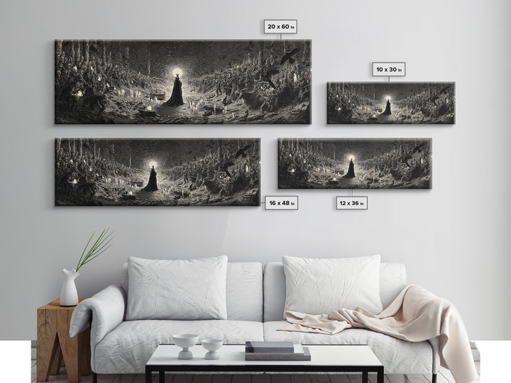 The Raven Funeral, Dark Romantic Horror Art, Extra Wide Wall Art, Gothic Horror Wall Art, Canvas Print, Halloween Wall Art