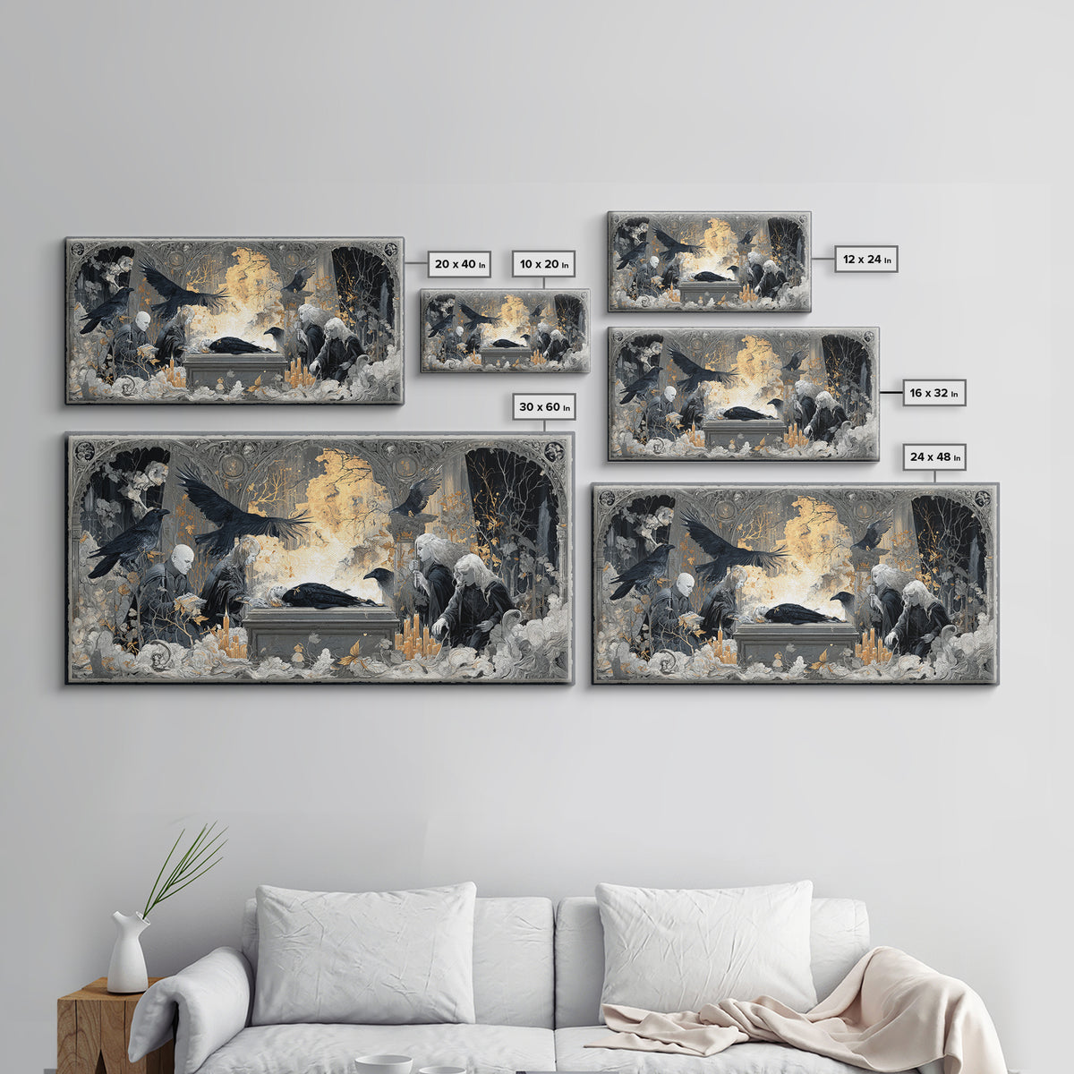 The Raven Funeral, Visionary Gothic Art, Wide Panoramic Art, Macabre Wall Art, Canvas Print, Halloween Wall Art