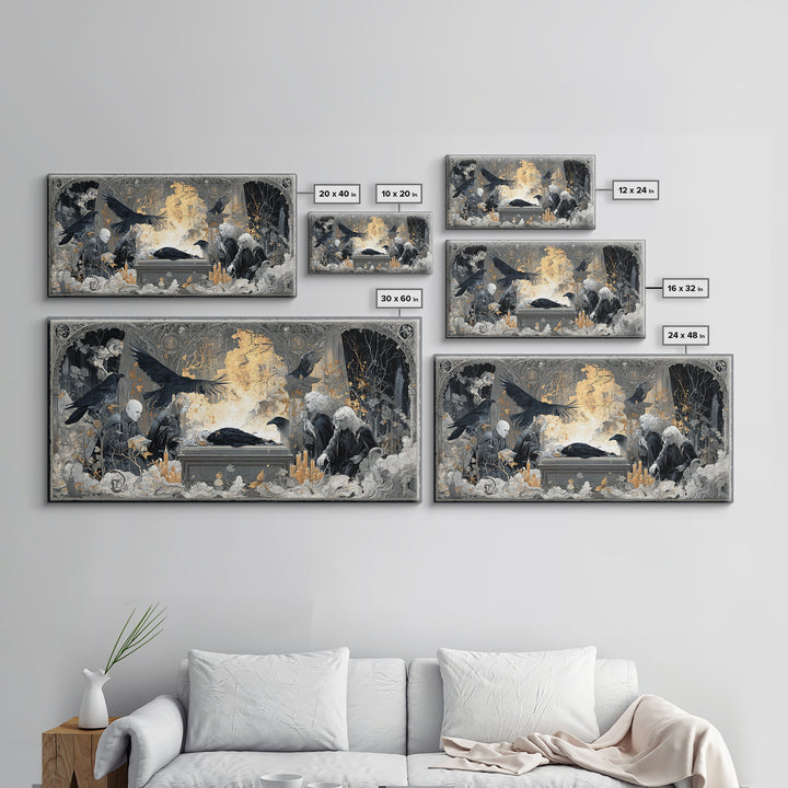 The Raven Funeral, Visionary Gothic Art, Wide Panoramic Art, Macabre Wall Art, Canvas Print, Halloween Wall Art