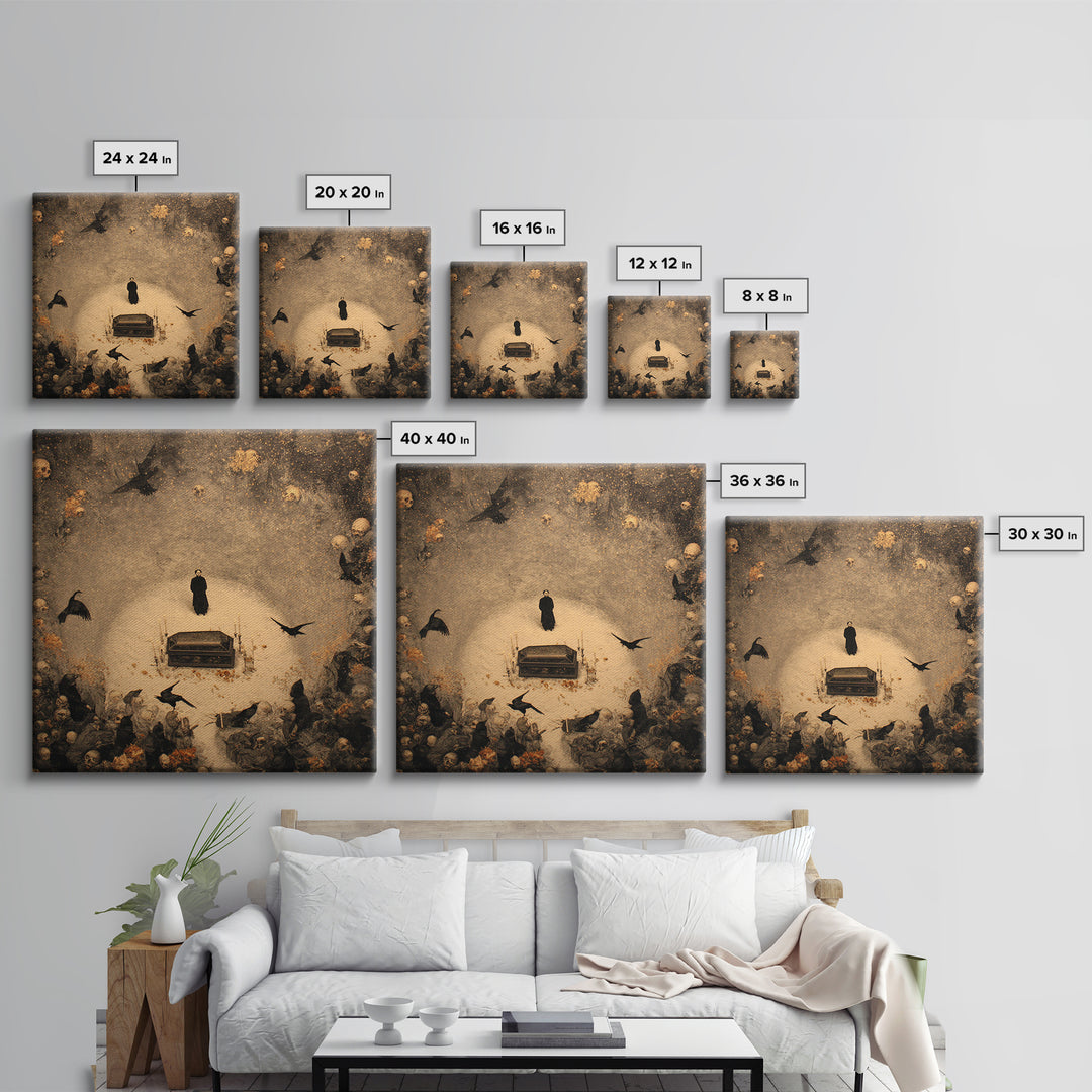 The Raven Funeral, Symbolist Dream Art, Square Wall Art, Gothic Horror Wall Art, Framed Canvas Print, Halloween Wall Art