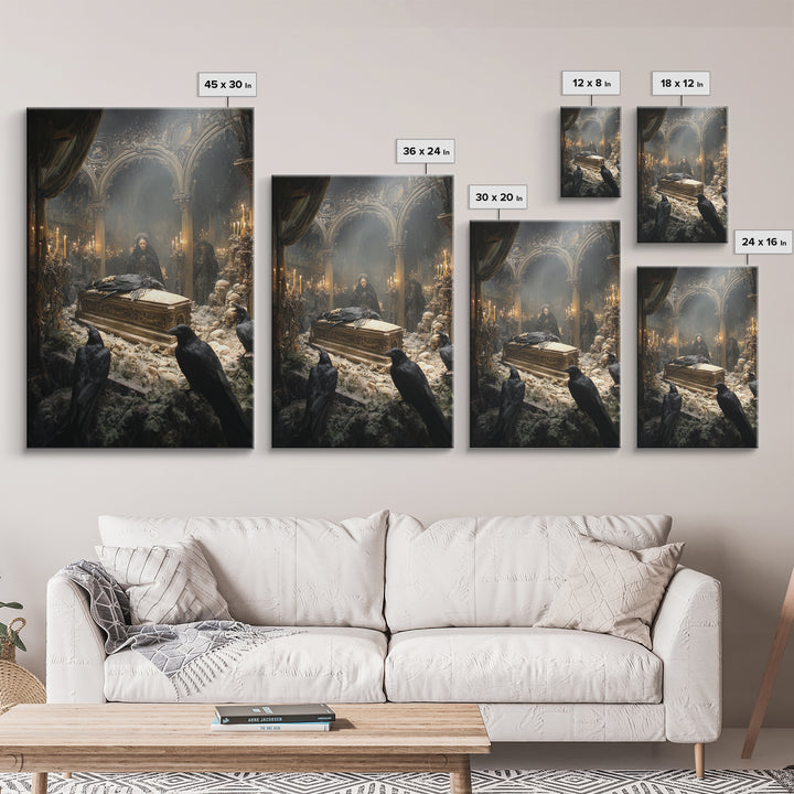 The Raven Funeral, Ornate Symbolist Art, Vertical Wall Art, Dark Halloween Decor, Framed Canvas Print, Halloween Wall Art