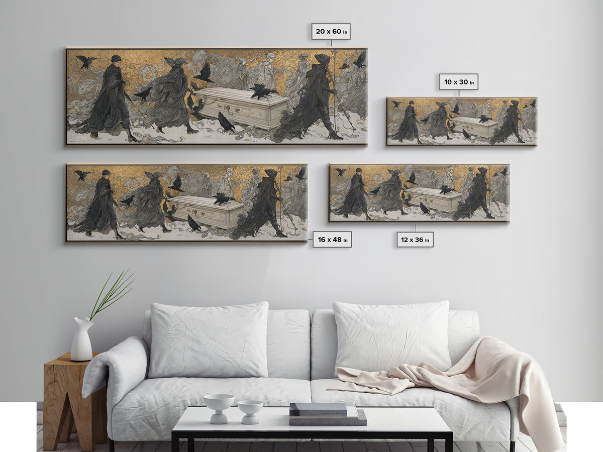 The Raven Funeral, Symbolist Death Art, Extra Wide Wall Art, Gothic Horror Wall Art, Canvas Print, Halloween Wall Art