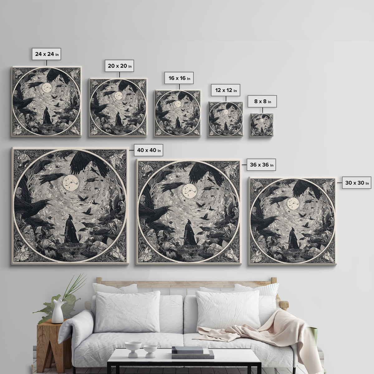 The Raven Funeral, Symbolist Etching Art, Square Wall Art, Dark Halloween Decor, Framed Canvas Print, Halloween Wall Art
