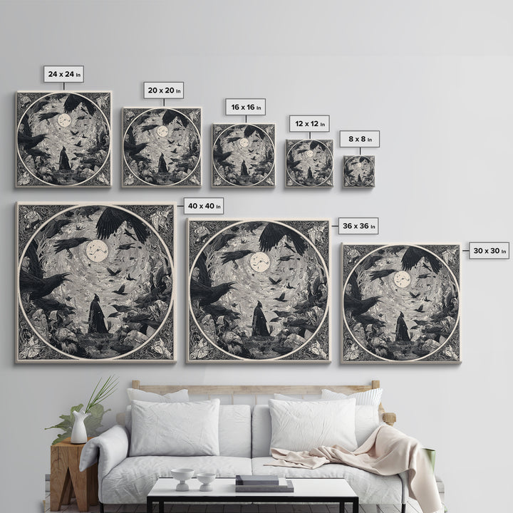 The Raven Funeral, Symbolist Etching Art, Square Wall Art, Dark Halloween Decor, Framed Canvas Print, Halloween Wall Art