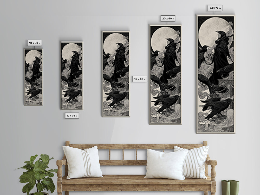 The Raven Funeral, Decadent Line Art, Tall Narrow Wall Art, Macabre Wall Art, Canvas Print, Halloween Wall Art