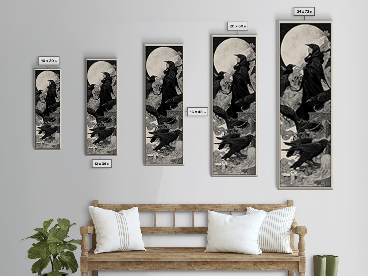 The Raven Funeral, Decadent Line Art, Tall Narrow Wall Art, Macabre Wall Art, Canvas Print, Halloween Wall Art