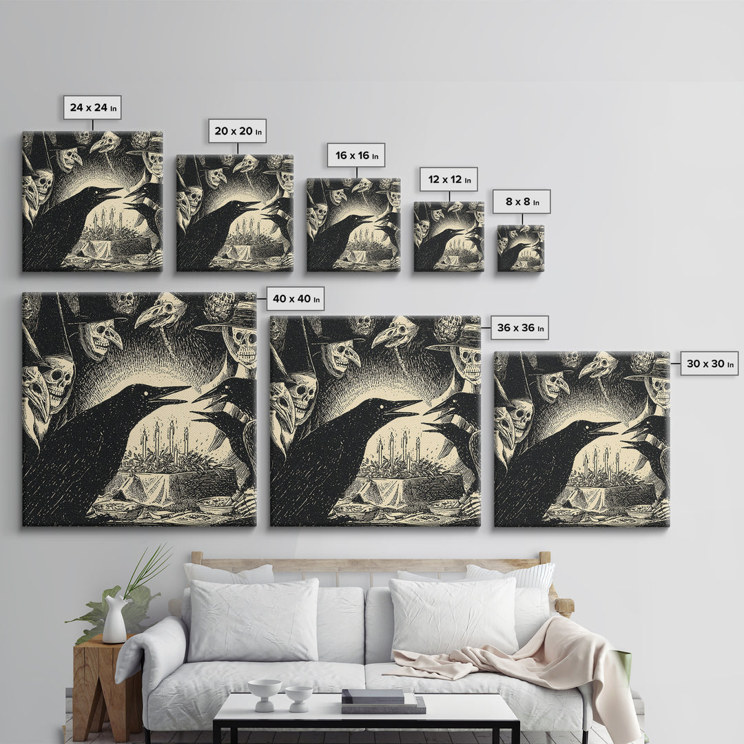 The Raven Funeral, Macabre Folk Print Art, Square Wall Art, Macabre Wall Art, Framed Canvas Print, Halloween Wall Art