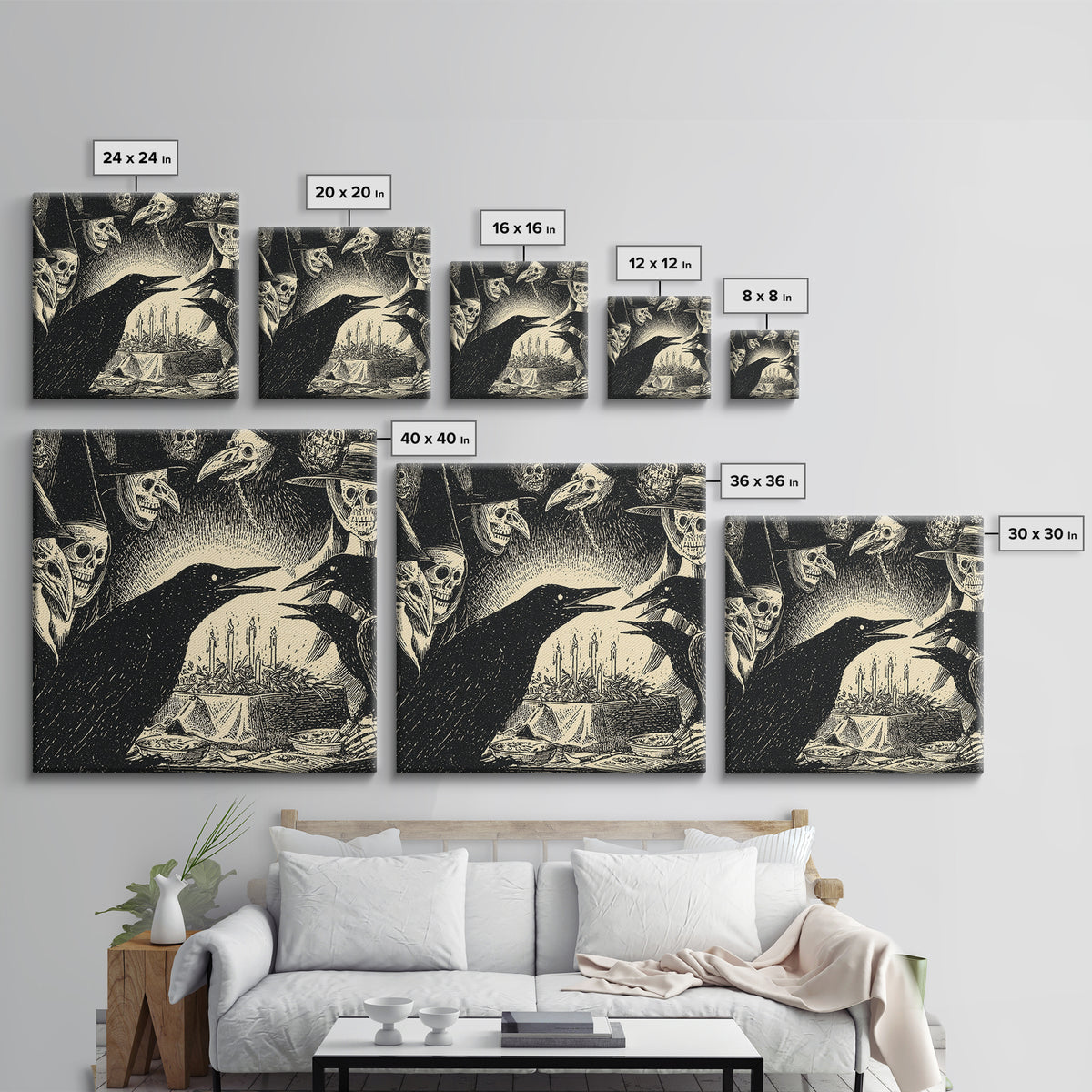 The Raven Funeral, Macabre Folk Print Art, Square Wall Art, Macabre Wall Art, Framed Canvas Print, Halloween Wall Art