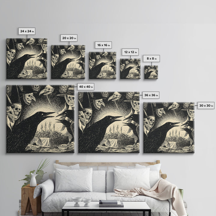 The Raven Funeral, Macabre Folk Print Art, Square Wall Art, Macabre Wall Art, Framed Canvas Print, Halloween Wall Art