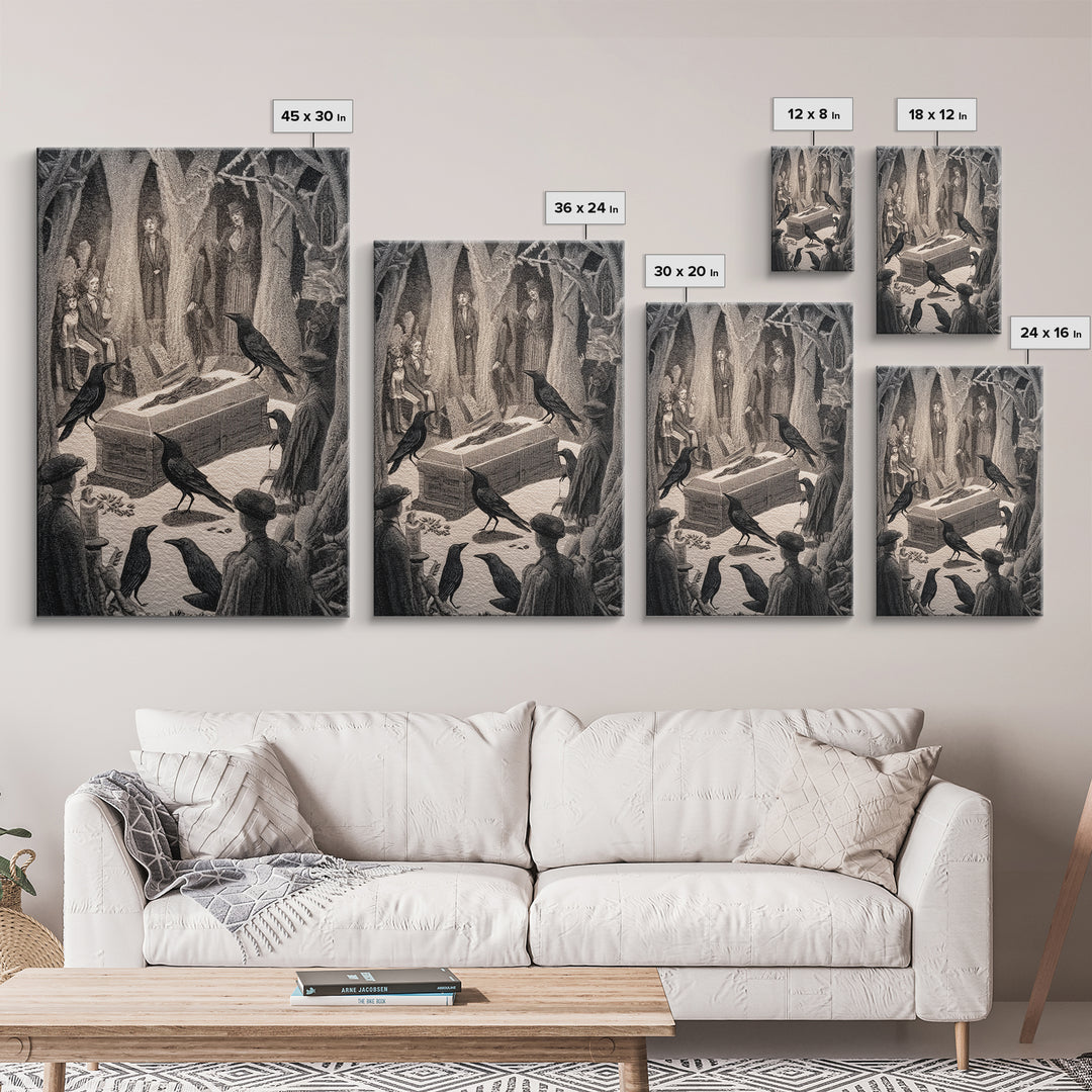 The Raven Funeral, Victorian Macabre Art, Vertical Wall Art, Gothic Horror Wall Art, Framed Canvas Print, Halloween Wall Art