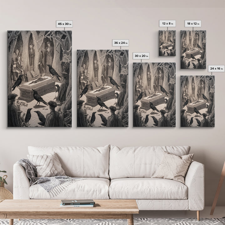 The Raven Funeral, Victorian Macabre Art, Vertical Wall Art, Gothic Horror Wall Art, Framed Canvas Print, Halloween Wall Art