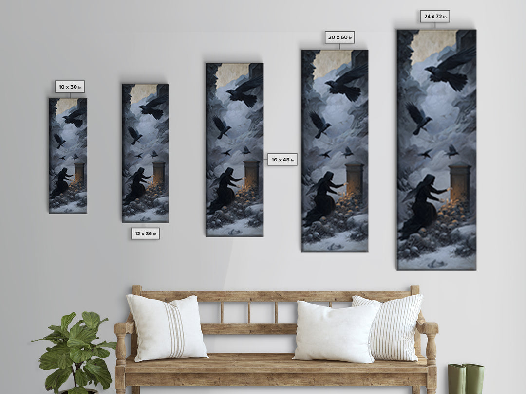 The Raven Funeral, Surreal Apocalyptic Art, Tall Narrow Wall Art, Dark Fantasy Wall Art, Framed Canvas Print, Halloween Wall Art