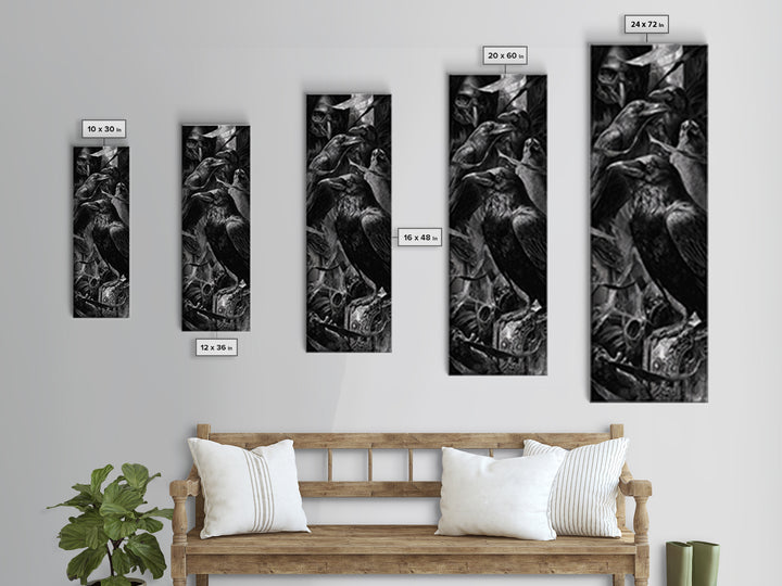The Raven Funeral, Biomechanical Horror Art, Tall Narrow Wall Art, Macabre Wall Art, Framed Canvas Print, Halloween Wall Art