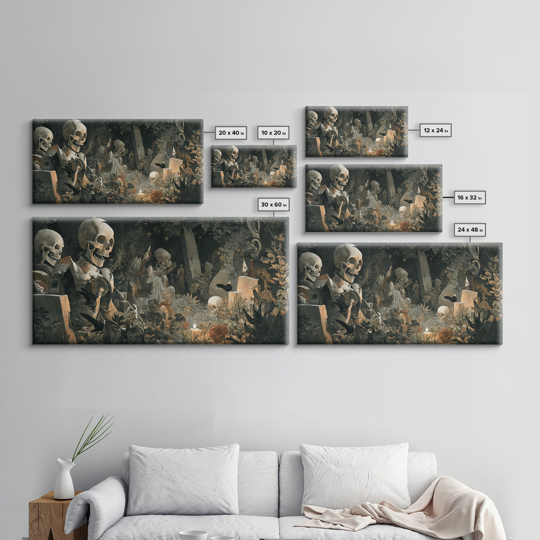The Graveyard Dance, Medieval Grotesque Art, Wide Panoramic Art, Gothic Horror Wall Art, Framed Canvas Print, Halloween Wall Art