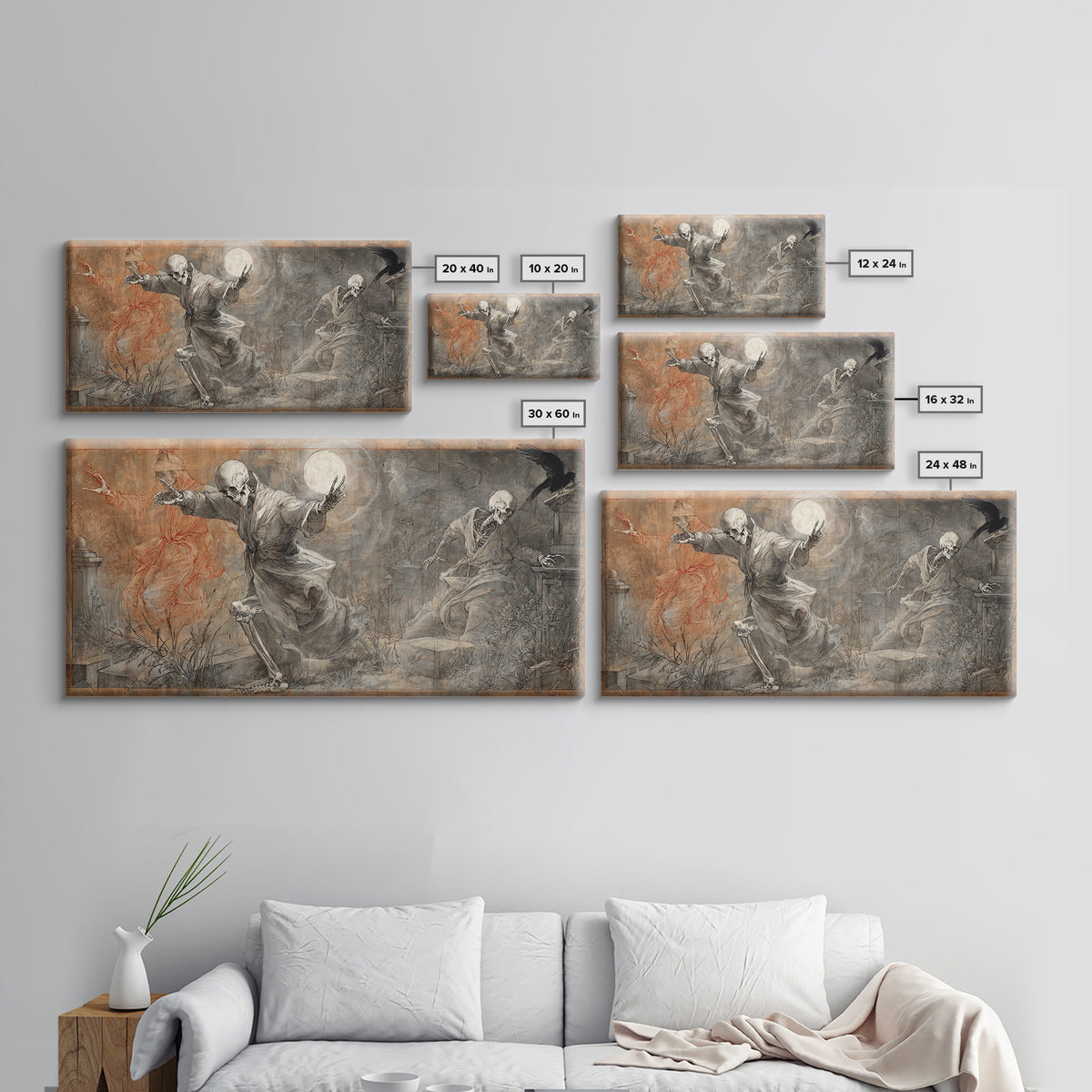 The Graveyard Dance, Dark Renaissance Art, Wide Panoramic Art, Macabre Wall Art, Framed Canvas Print, Halloween Wall Art