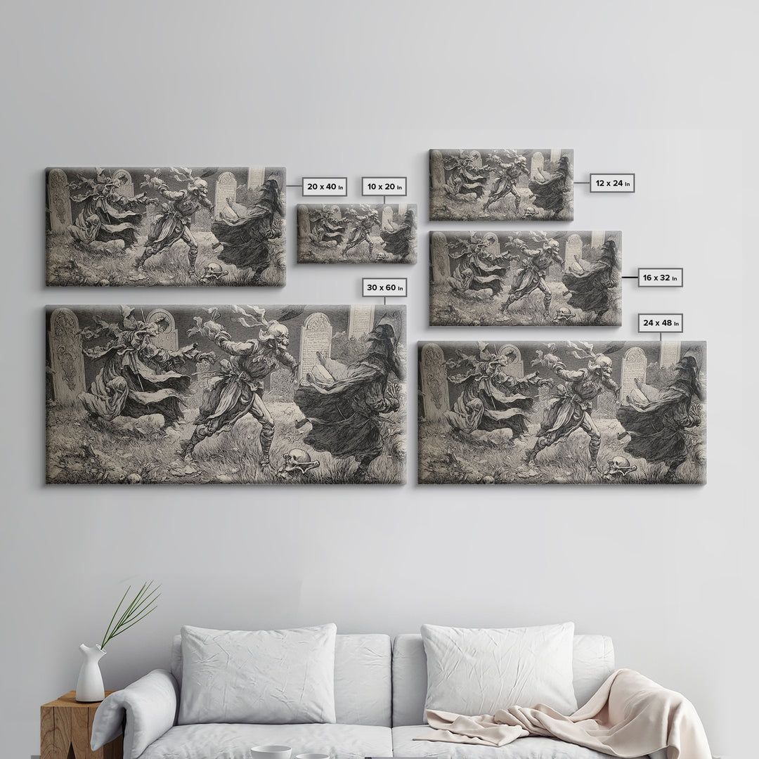 The Graveyard Dance, Renaissance Engraving Art, Wide Panoramic Art, Gothic Horror Wall Art, Canvas Print, Halloween Wall Art