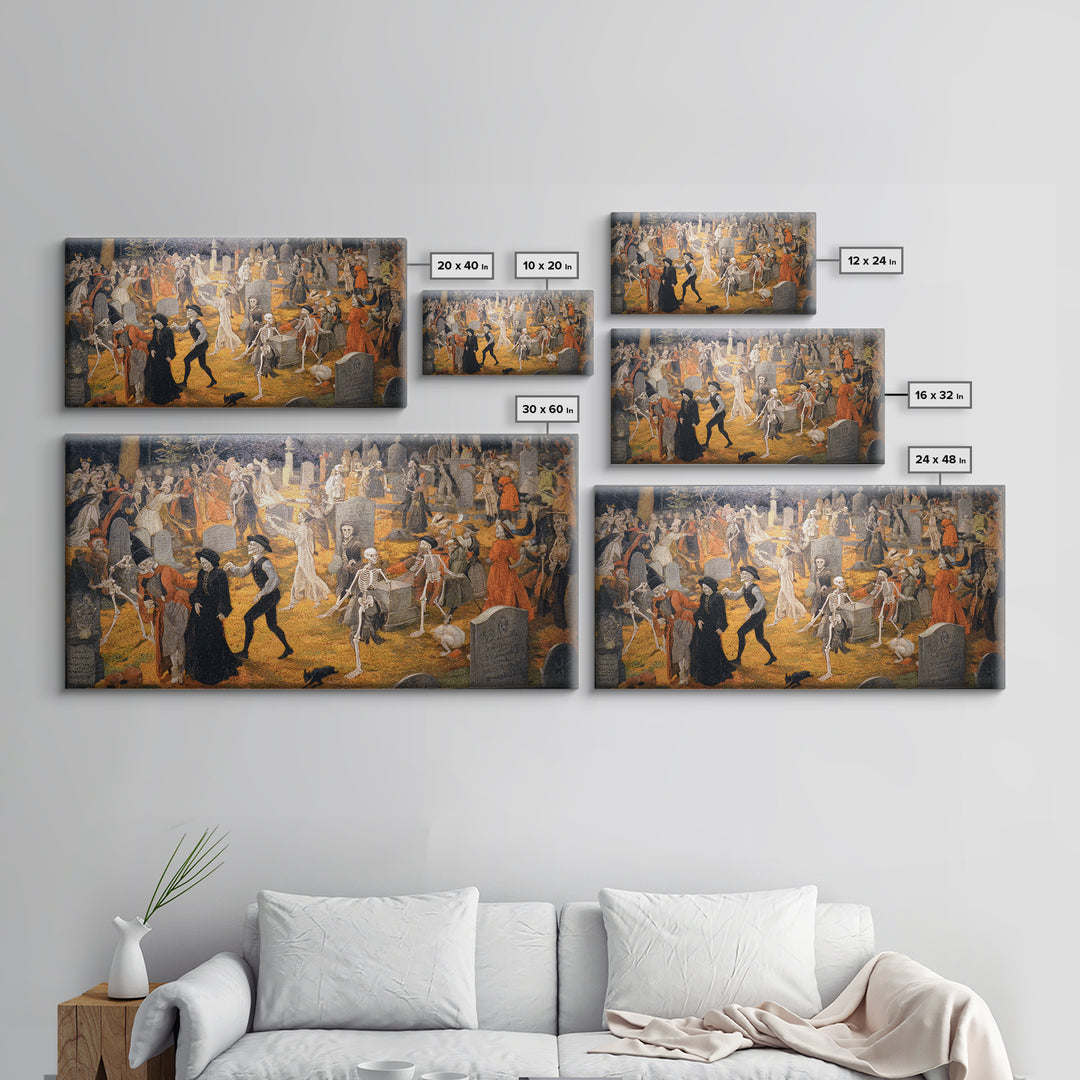 The Graveyard Dance, Danse Macabre Art, Wide Panoramic Art, Macabre Wall Art, Canvas Print, Halloween Wall Art