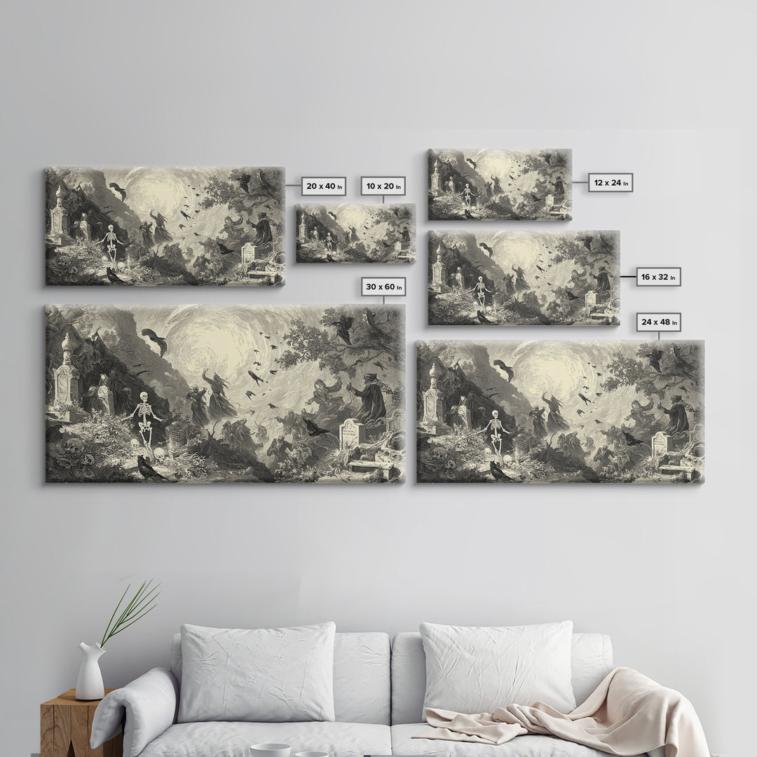 The Graveyard Dance, Baroque Witchcraft Art, Wide Panoramic Art, Gothic Horror Wall Art, Framed Canvas Print, Halloween Wall Art