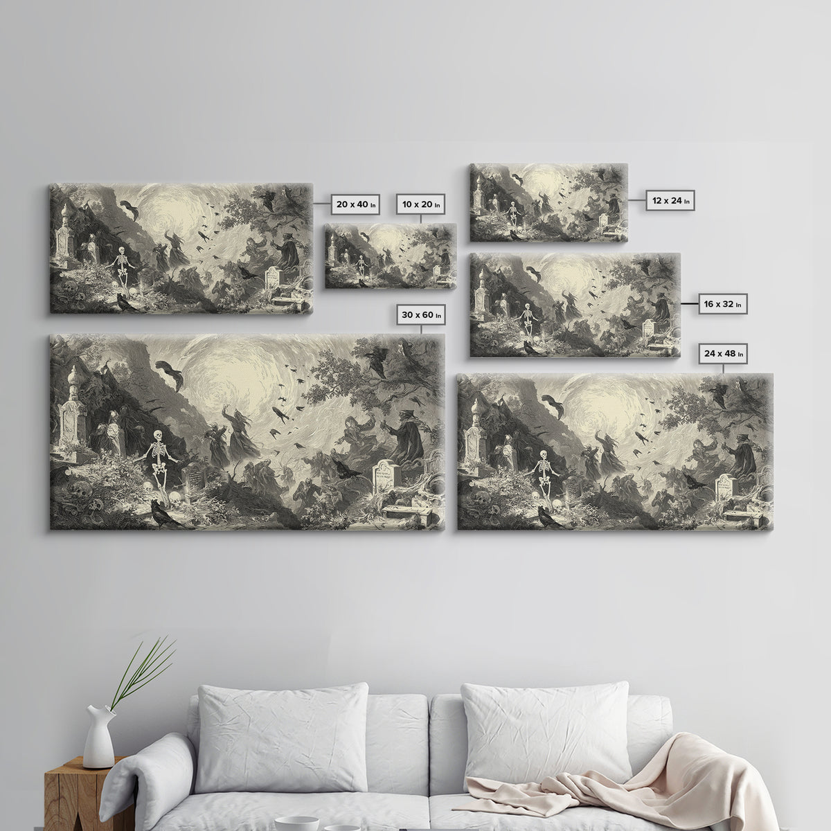 The Graveyard Dance, Baroque Witchcraft Art, Wide Panoramic Art, Gothic Horror Wall Art, Framed Canvas Print, Halloween Wall Art