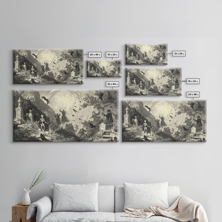 The Graveyard Dance, Baroque Witchcraft Art, Wide Panoramic Art, Gothic Horror Wall Art, Framed Canvas Print, Halloween Wall Art