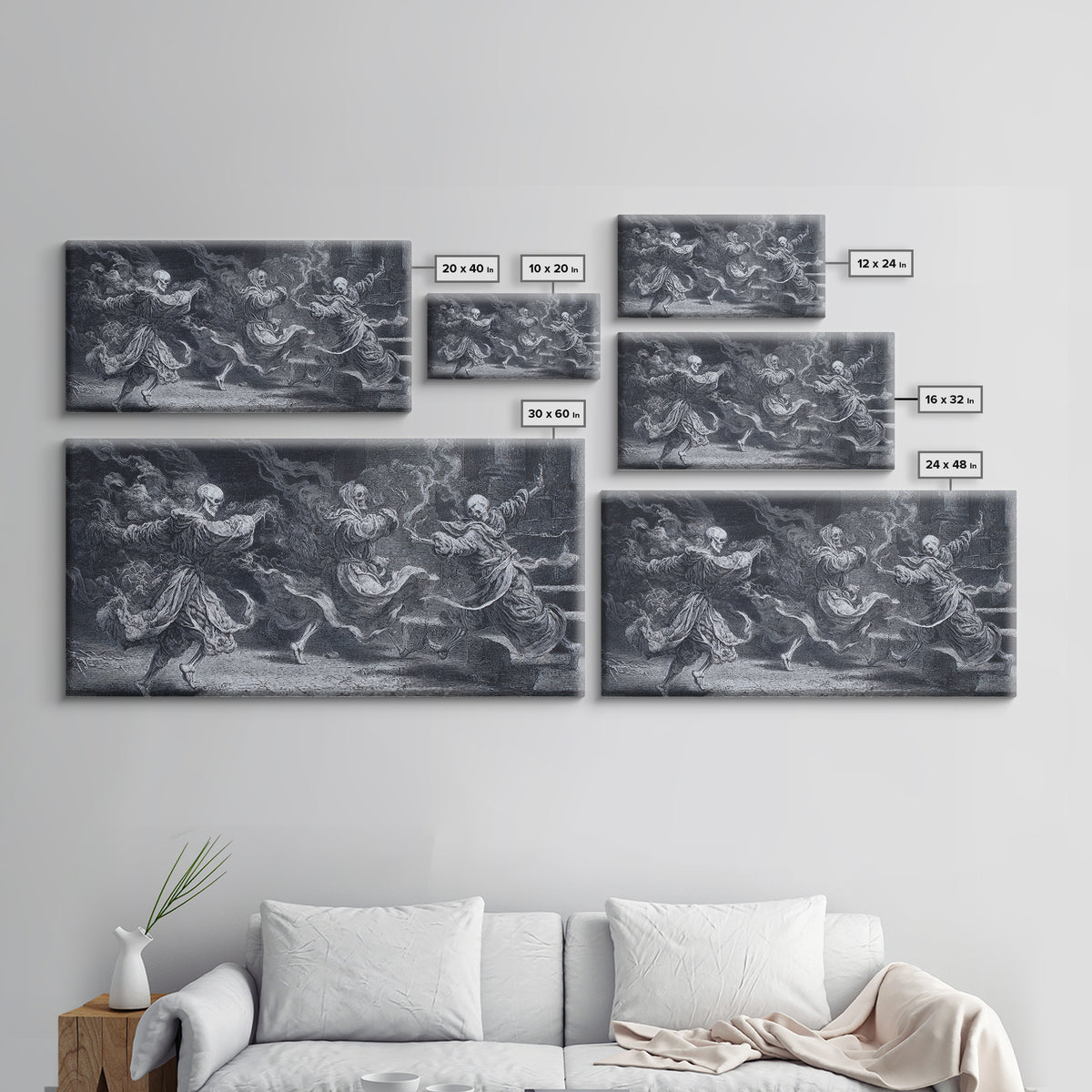 The Graveyard Dance, Architectural Etching Art, Wide Panoramic Art, Gothic Horror Wall Art, Framed Canvas Print