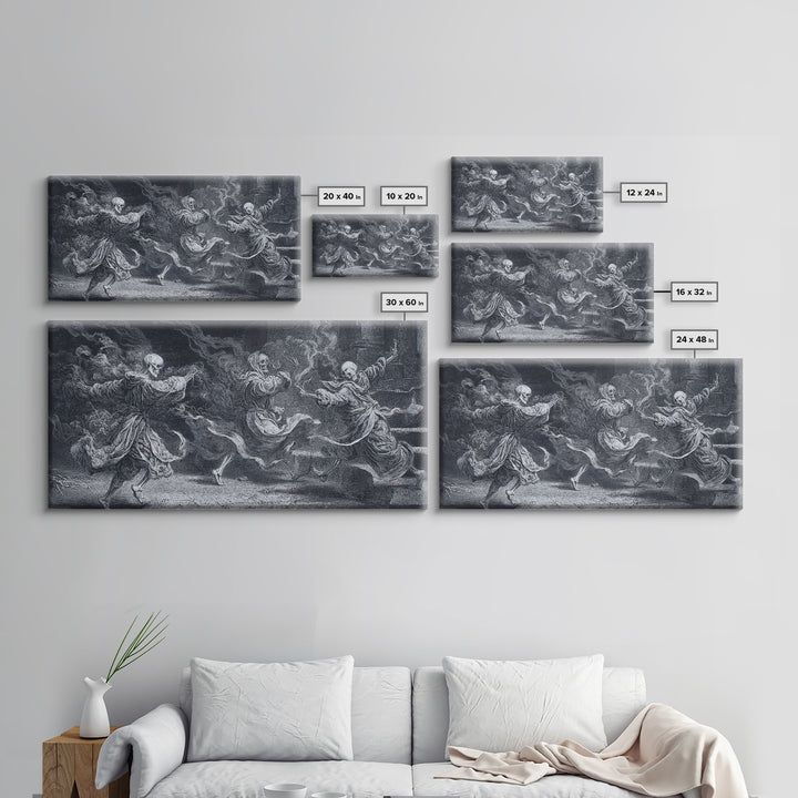 The Graveyard Dance, Architectural Etching Art, Wide Panoramic Art, Gothic Horror Wall Art, Framed Canvas Print