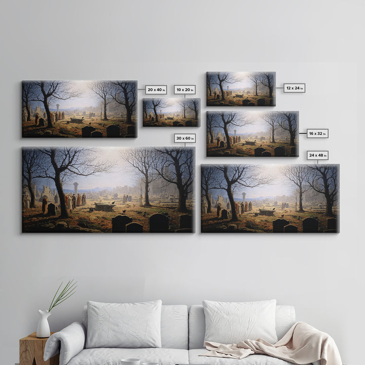 The Graveyard Dance, Romantic Gothic Landscape, Wide Panoramic Art, Dark Fantasy Wall Art, Canvas Print, Halloween Wall Art