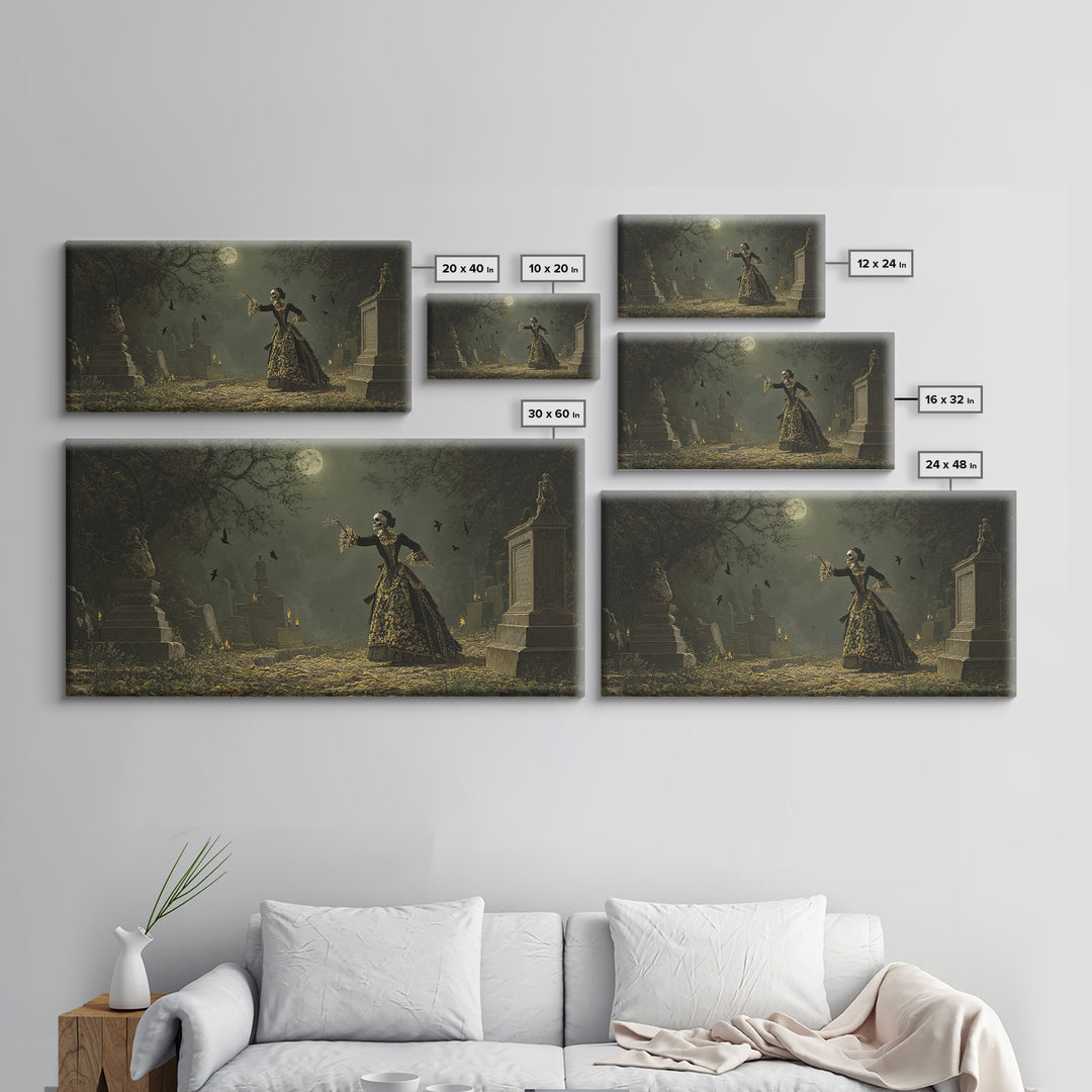 The Graveyard Dance, Ornate Symbolist Art, Wide Panoramic Art, Dark Fantasy Wall Art, Canvas Print, Halloween Wall Art