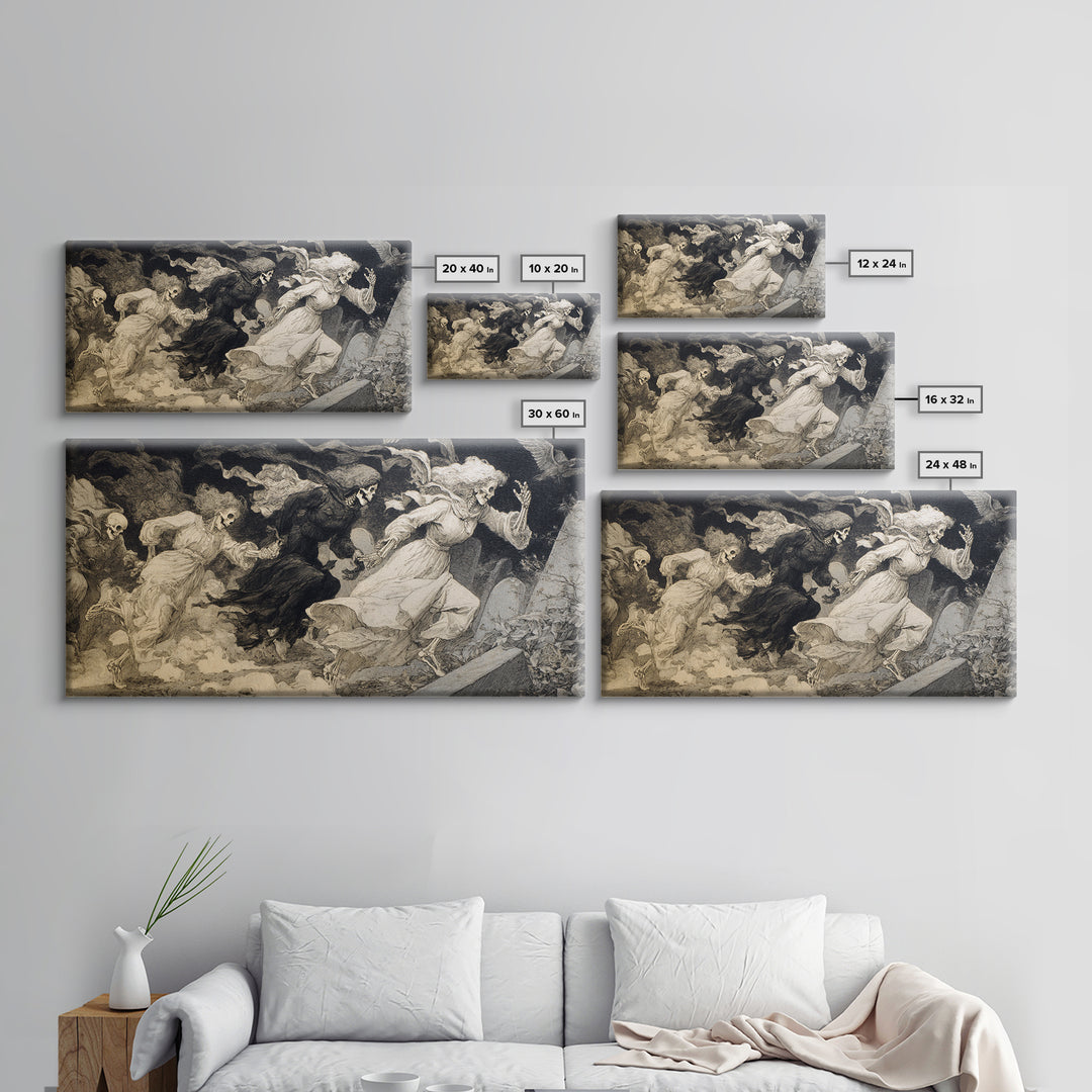 The Graveyard Dance, Decadent Gothic Art, Wide Panoramic Art, Macabre Wall Art, Canvas Print, Halloween Wall Art