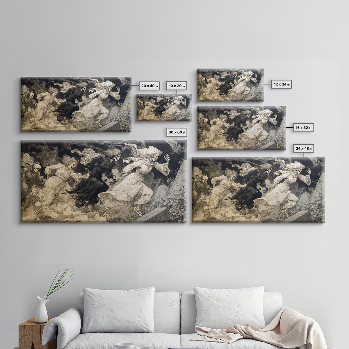 The Graveyard Dance, Decadent Gothic Art, Wide Panoramic Art, Macabre Wall Art, Canvas Print, Halloween Wall Art