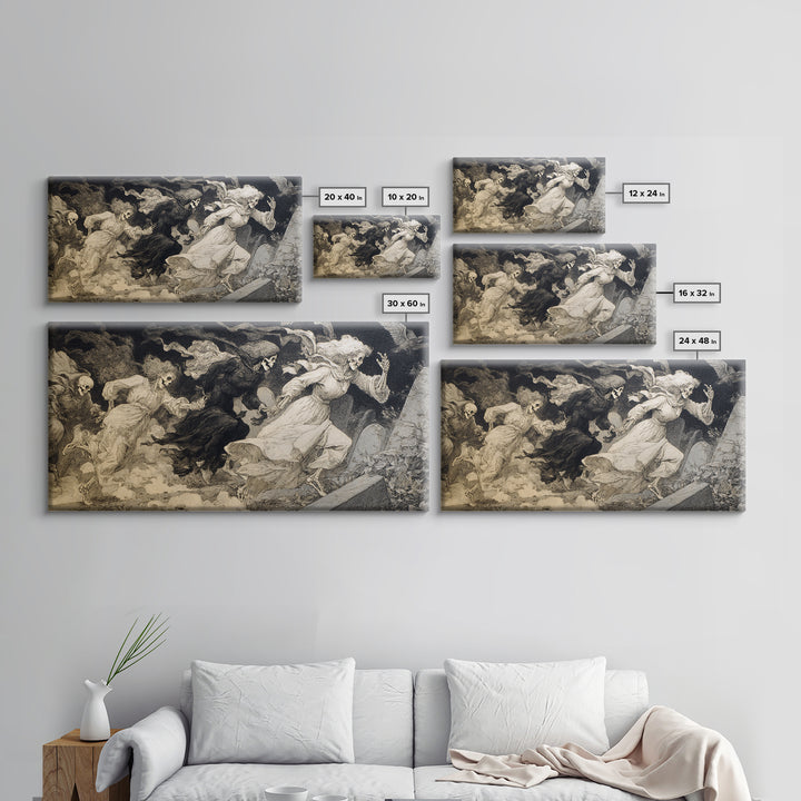 The Graveyard Dance, Decadent Gothic Art, Wide Panoramic Art, Macabre Wall Art, Canvas Print, Halloween Wall Art