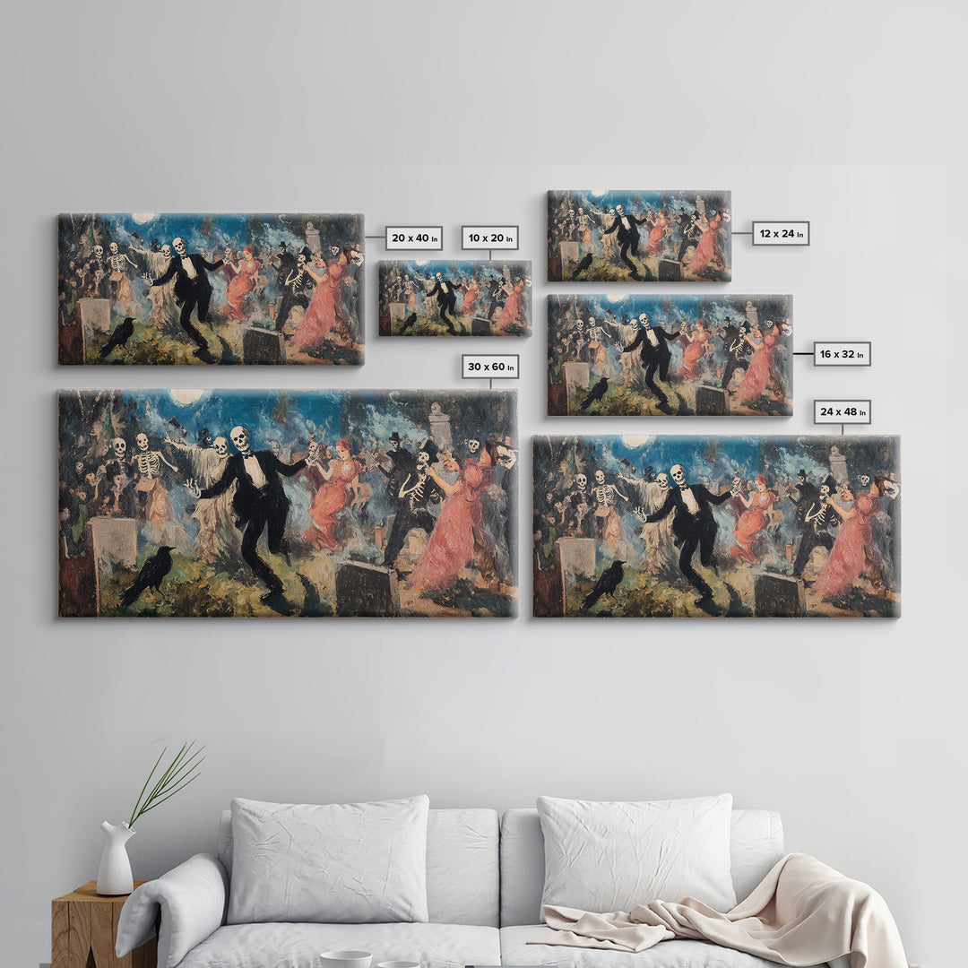 The Graveyard Dance, Grotesque Carnival Art, Wide Panoramic Art, Gothic Horror Wall Art, Canvas Print, Halloween Wall Art