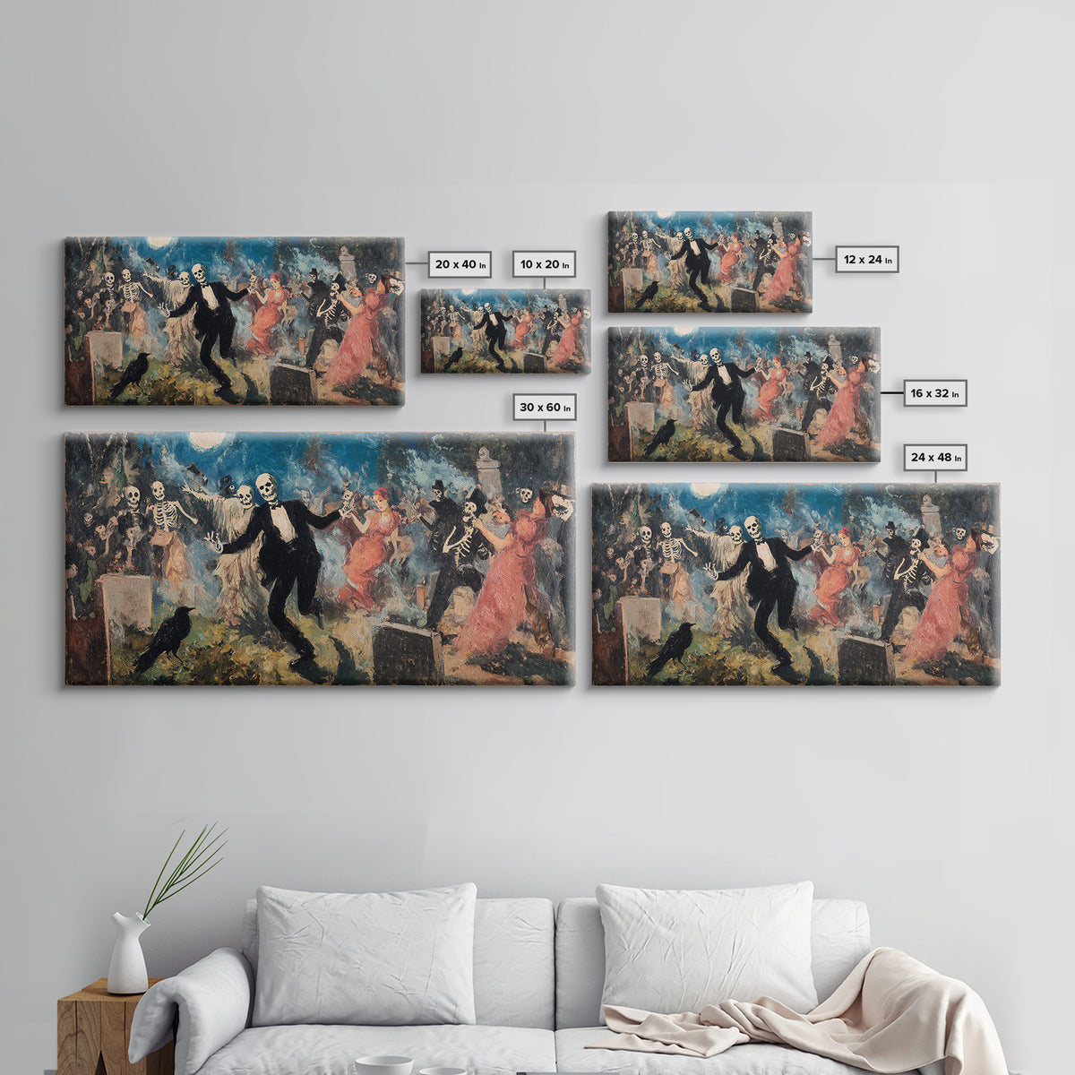 The Graveyard Dance, Grotesque Carnival Art, Wide Panoramic Art, Gothic Horror Wall Art, Canvas Print, Halloween Wall Art