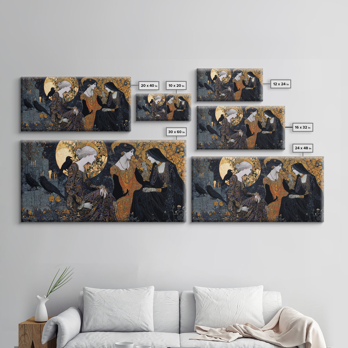 The Graveyard Dance, Stained Glass Gothic Art, Wide Panoramic Art, Dark Halloween Decor, Framed Canvas Print, Halloween Wall Art
