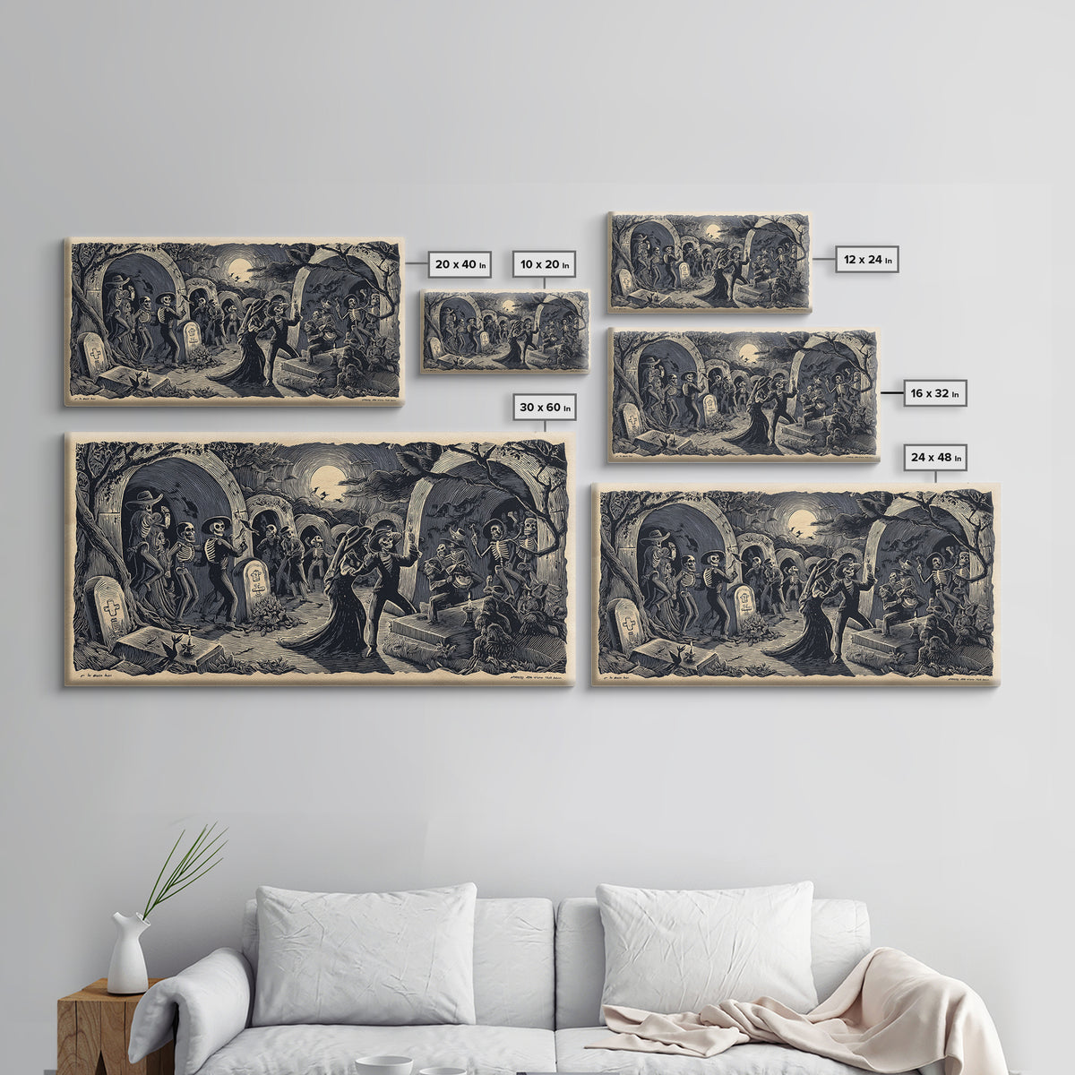 The Graveyard Dance, Macabre Folk Print Art, Wide Panoramic Art, Macabre Wall Art, Canvas Print, Halloween Wall Art