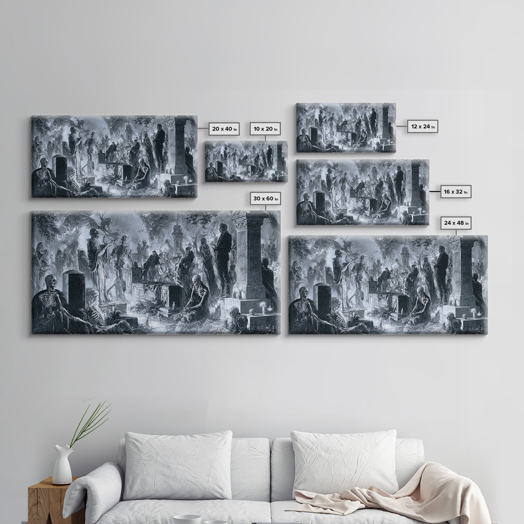 The Graveyard Dance, Biomechanical Horror Art, Wide Panoramic Art, Macabre Wall Art, Framed Canvas Print, Halloween Wall Art