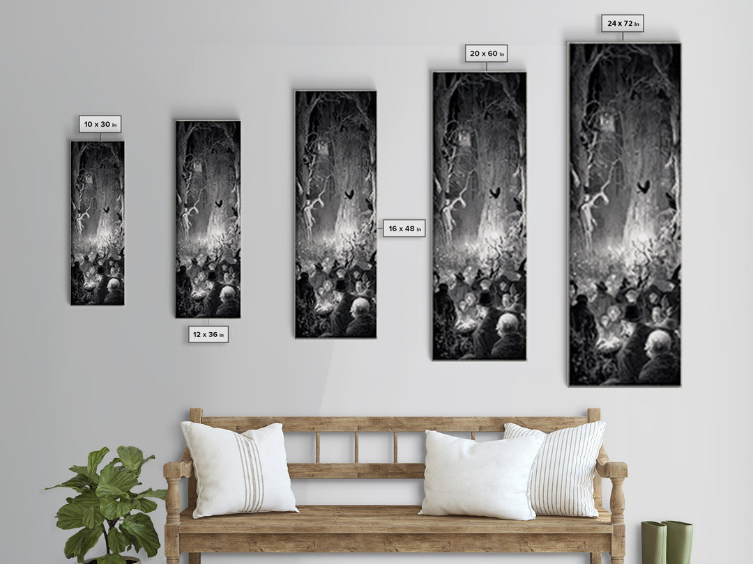 The Haunted Hayride, Gothic Engraving Art, Tall Narrow Wall Art, Macabre Wall Art, Canvas Print, Halloween Wall Art, Gothic Home Decor