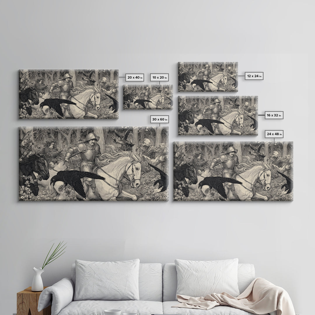 The Haunted Hayride, Renaissance Engraving Art, Wide Panoramic Art, Gothic Horror Wall Art, Framed Canvas Print, Halloween Wall Art