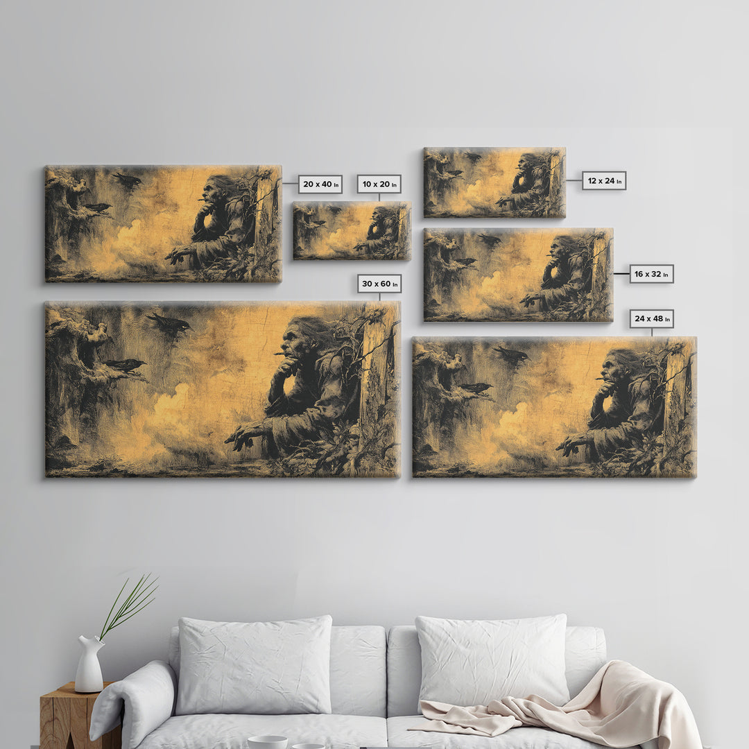 The Haunted Hayride, Baroque Witchcraft Art, Wide Panoramic Art, Dark Fantasy Wall Art, Framed Canvas Print, Halloween Wall Art