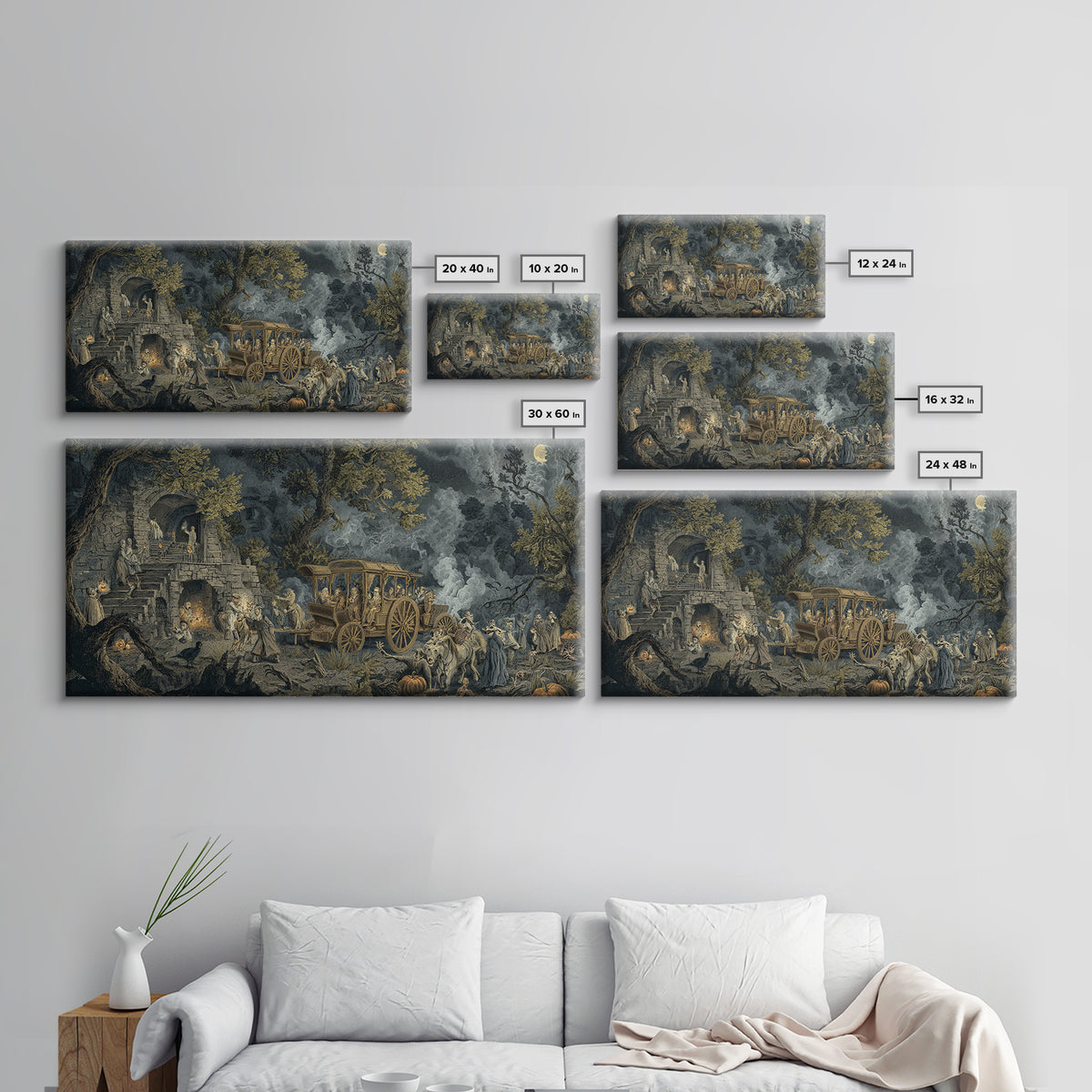 The Haunted Hayride, Architectural Etching Art, Wide Panoramic Art, Dark Fantasy Wall Art, Framed Canvas Print