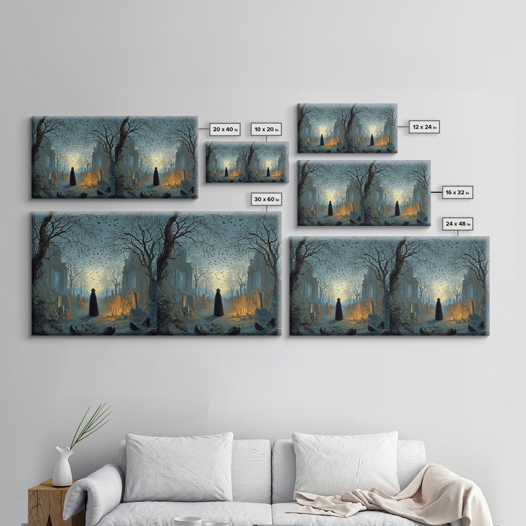 The Haunted Hayride, Romantic Gothic Landscape, Wide Panoramic Art, Dark Fantasy Wall Art, Framed Canvas Print, Halloween Wall Art