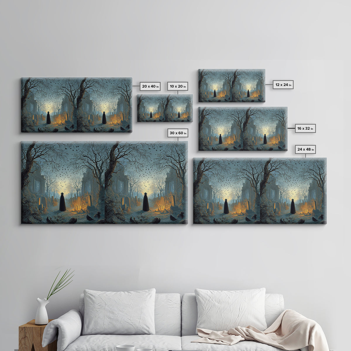 The Haunted Hayride, Romantic Gothic Landscape, Wide Panoramic Art, Dark Fantasy Wall Art, Framed Canvas Print, Halloween Wall Art