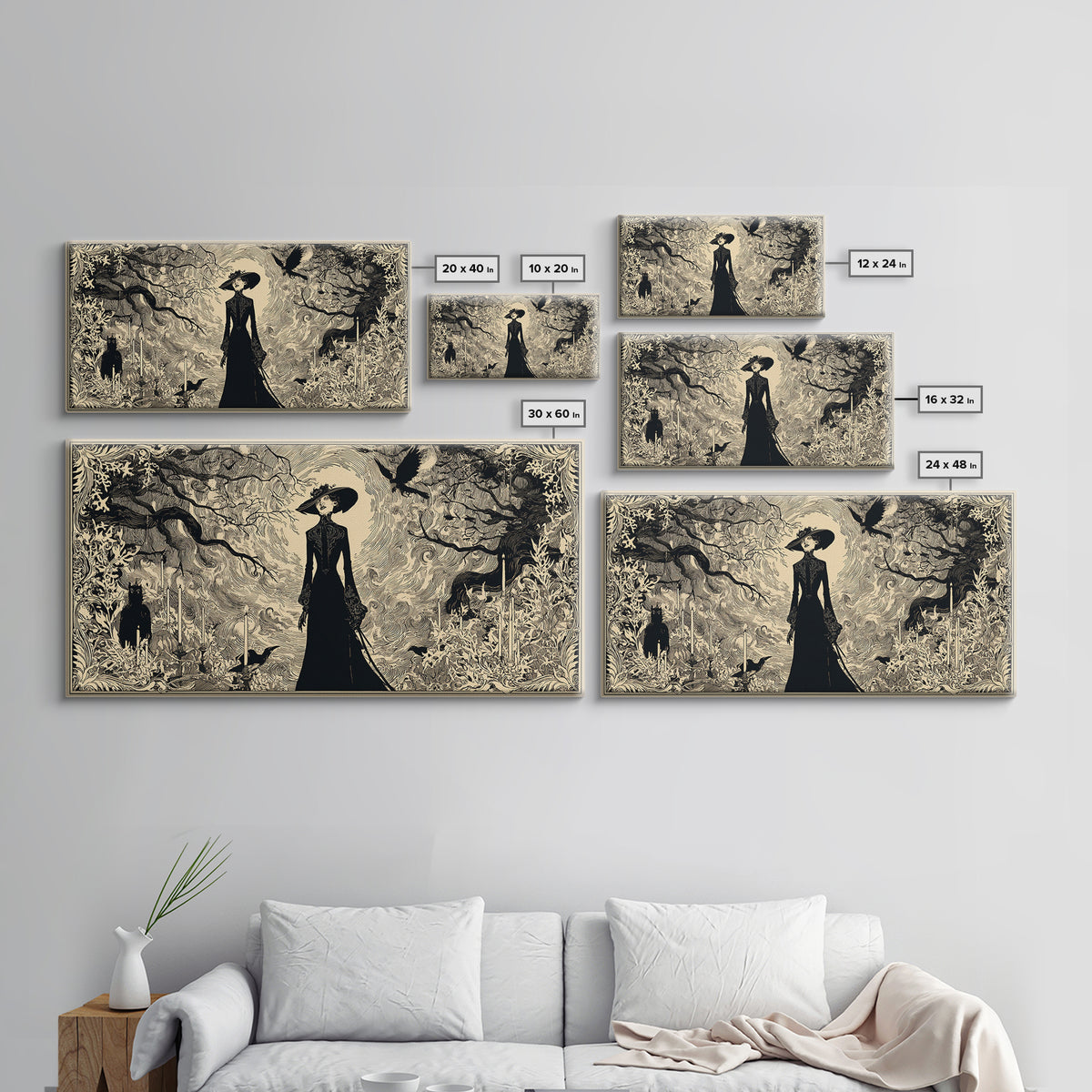 The Haunted Hayride, Decadent Line Art, Wide Panoramic Art, Dark Fantasy Wall Art, Canvas Print, Halloween Wall Art
