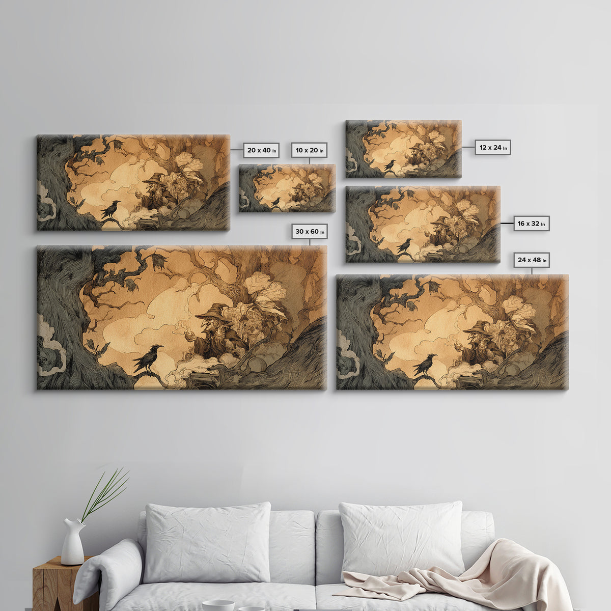 The Haunted Hayride, Gothic Storybook Art, Wide Panoramic Art, Dark Halloween Decor, Framed Canvas Print, Halloween Wall Art