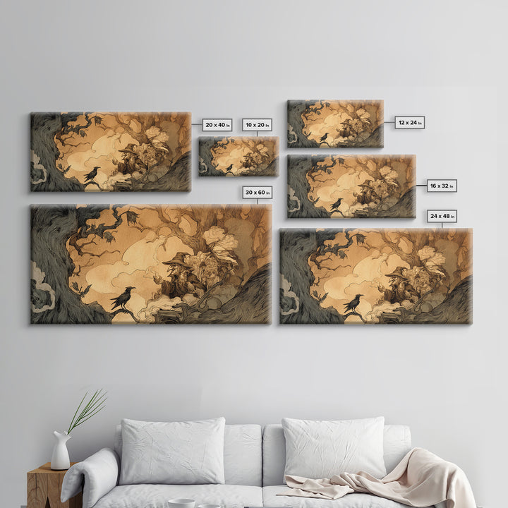 The Haunted Hayride, Gothic Storybook Art, Wide Panoramic Art, Dark Halloween Decor, Framed Canvas Print, Halloween Wall Art