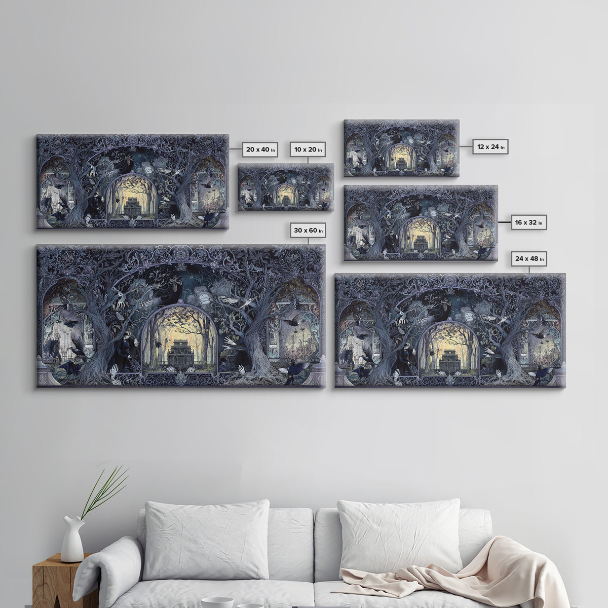 The Haunted Hayride, Stained Glass Gothic Art, Wide Panoramic Art, Gothic Horror Wall Art, Framed Canvas Print, Halloween Wall Art