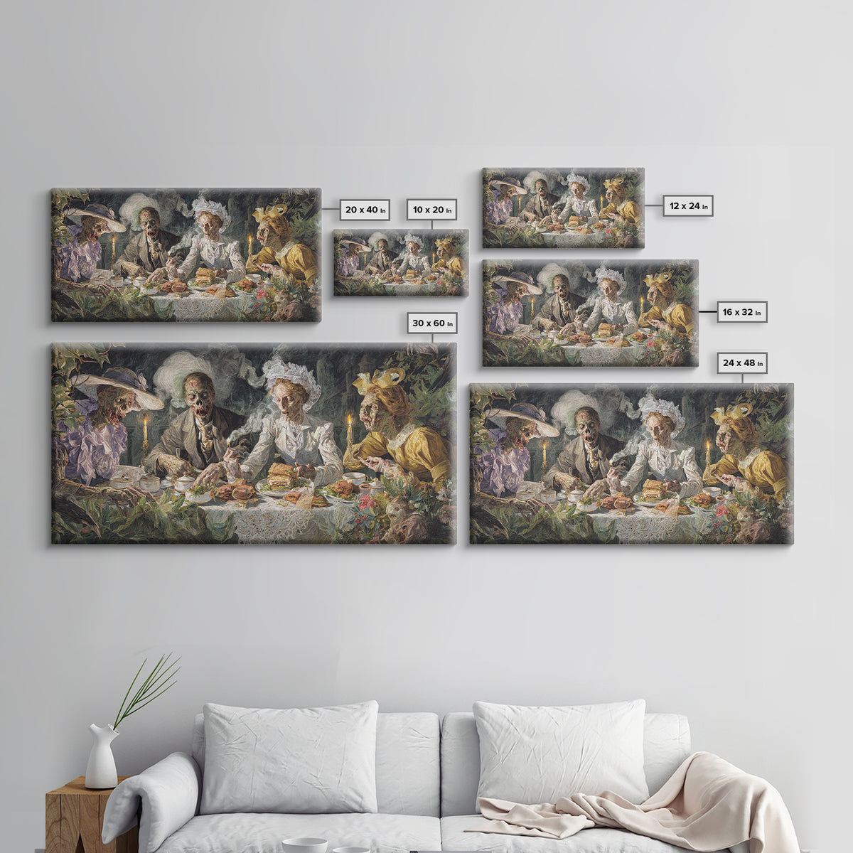 The Zombie Picnic, Dark Renaissance Art, Wide Panoramic Art, Dark Fantasy Wall Art, Framed Canvas Print, Halloween Wall Art