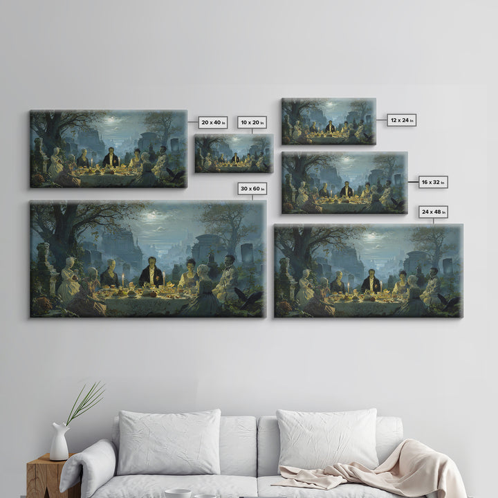 The Zombie Picnic, Romantic Gothic Landscape, Wide Panoramic Art, Dark Halloween Decor, Canvas Print, Halloween Wall Art